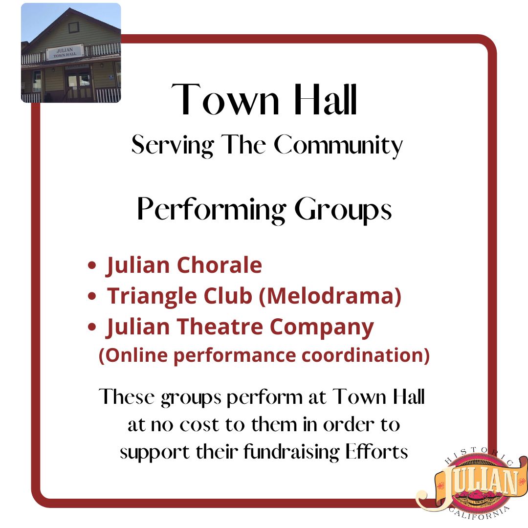 Town Hall poster offering the hall for all your performing group needs