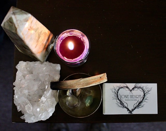 Business cards candle gems & rocks from One Heart Massage photo